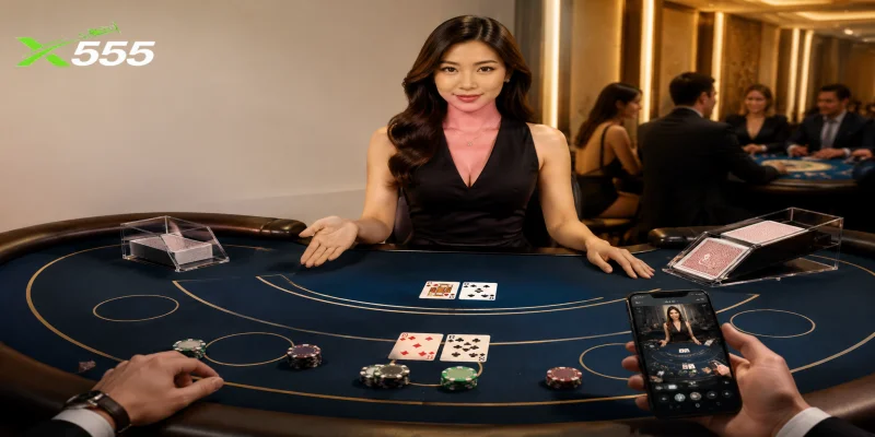 A live dealer table interface displaying real-time blackjack cards and betting chips.