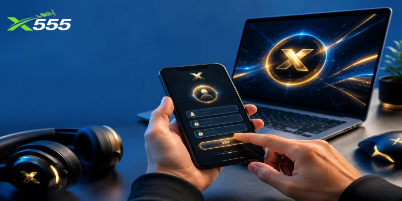 A user filling out the registration form to complete an X555 Create New Account request on a smartphone.