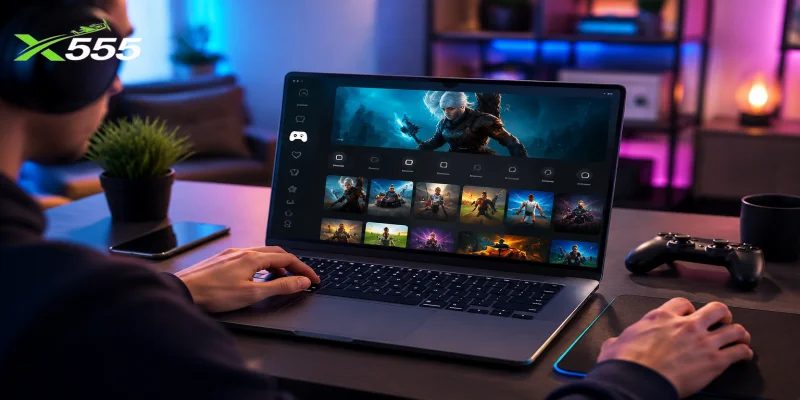 A user navigating the clean interface of the X555 Online Gaming Platform on a modern smartphone.