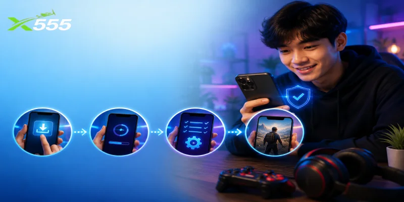 Step by step download guide showing safe installation of a gaming software on iOS.