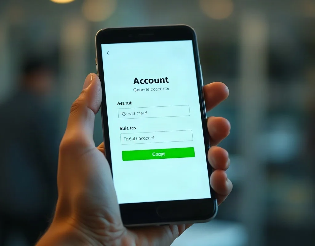 Hands holding a smartphone with a generic account registration interface