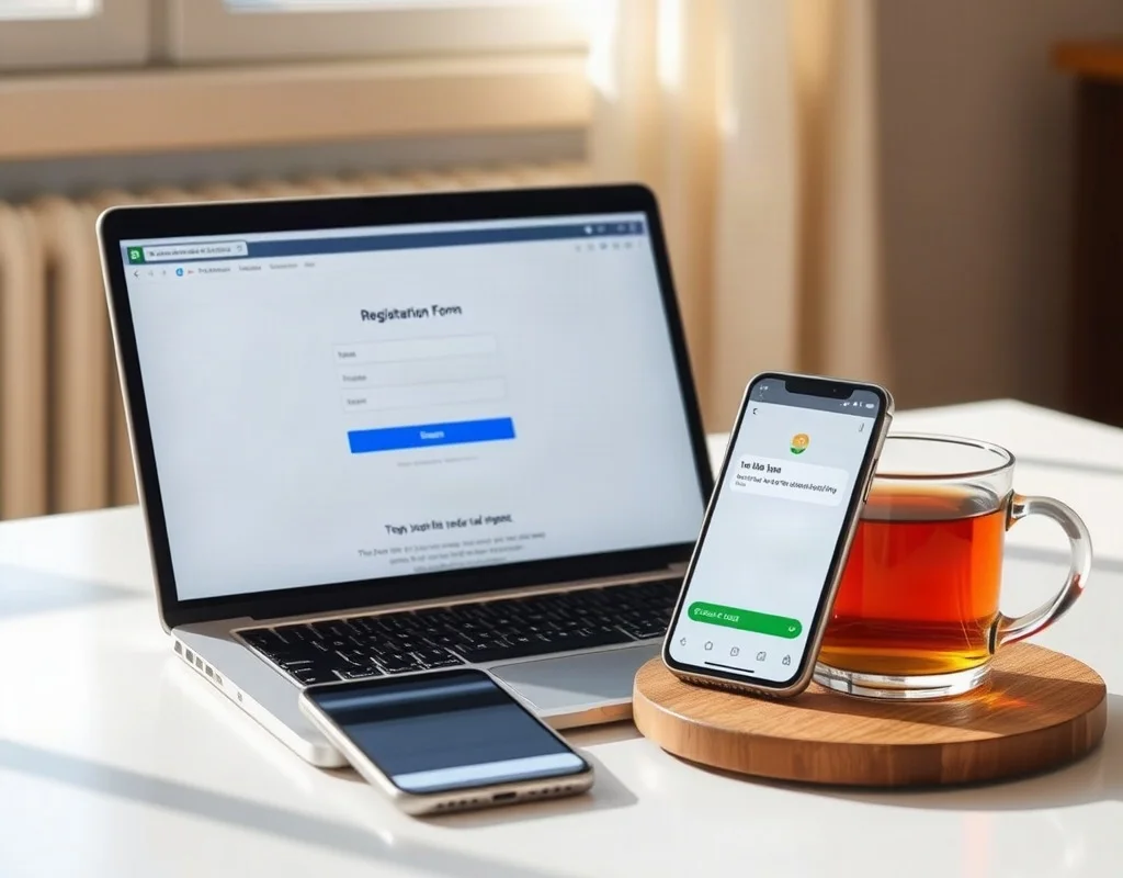 Laptop with a registration form and phone with an SMS notification