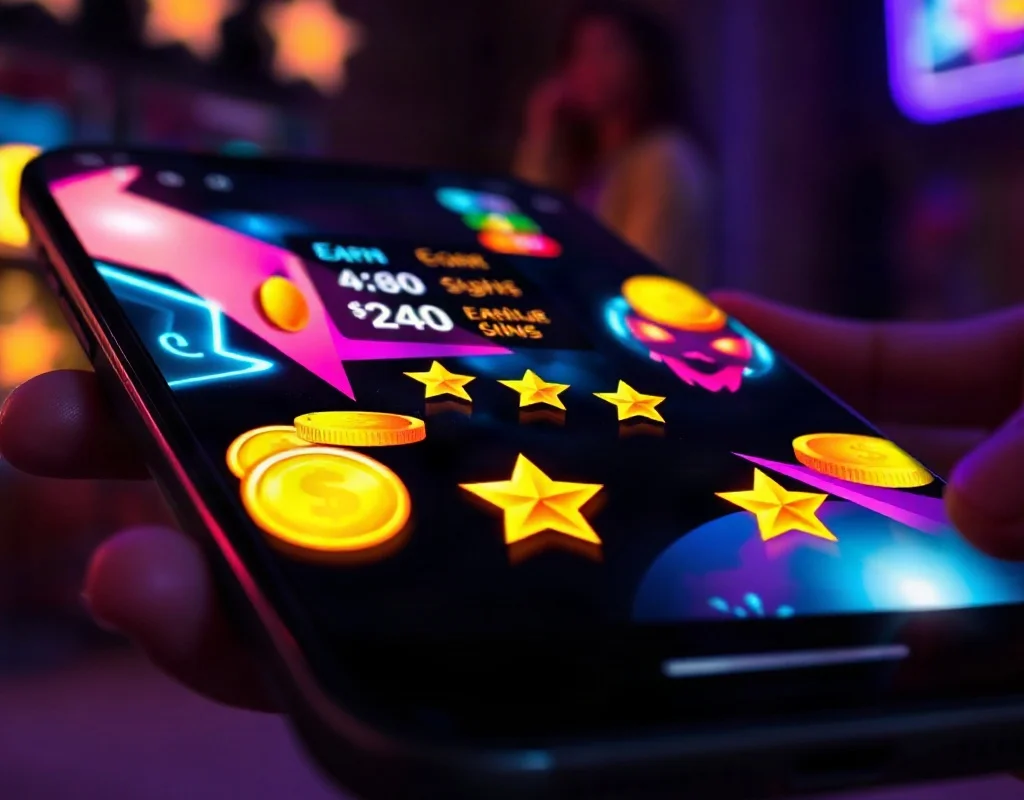 Smartphone with gaming app earning interface in background