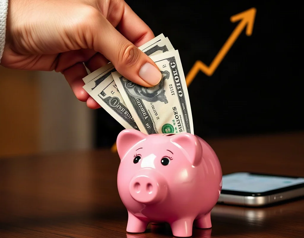 Depositing money into a piggy bank concept