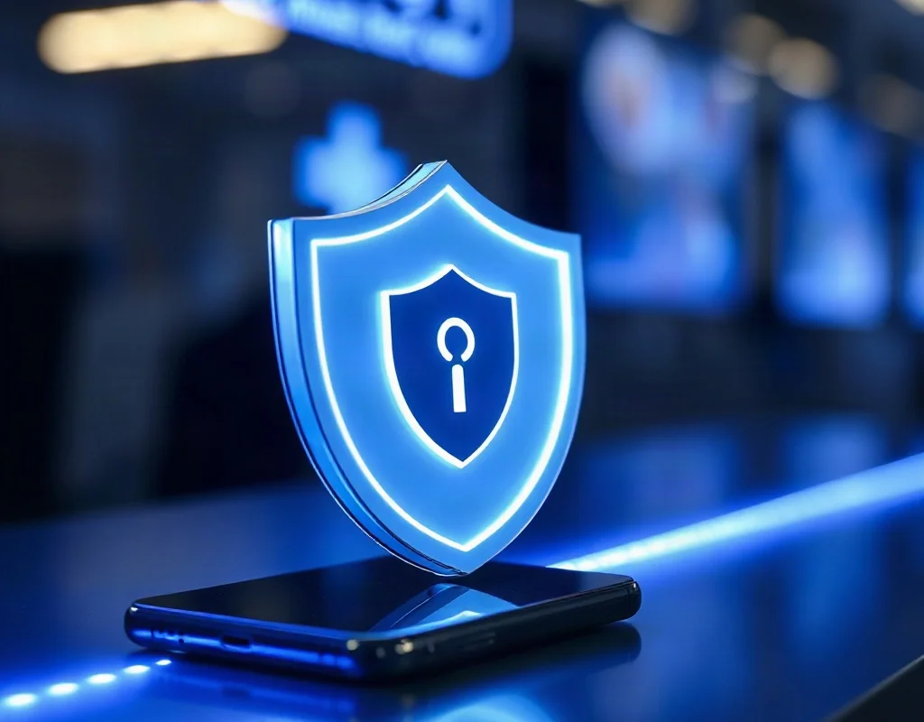 Shield and smartphone representing security