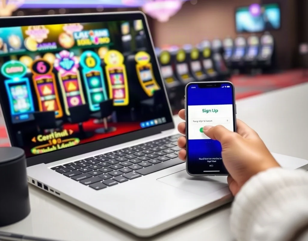 Beginner creating account on X555 casino platform on laptop and smartphone