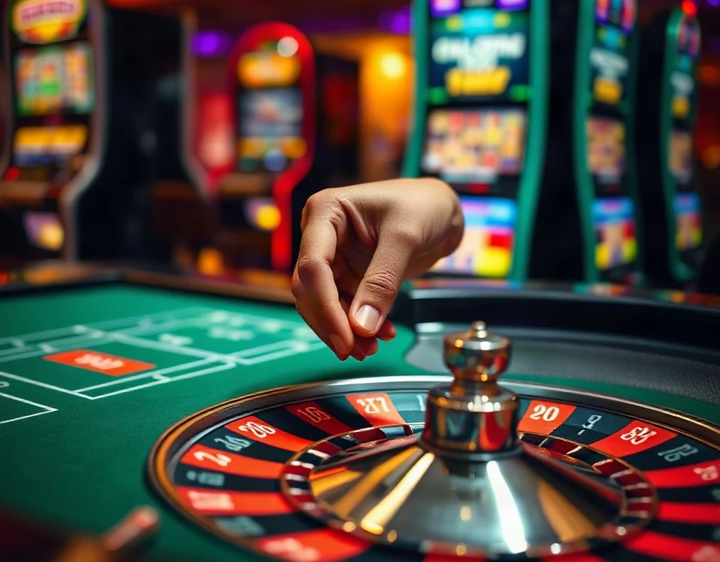 Player making a bet on a roulette table in a casino