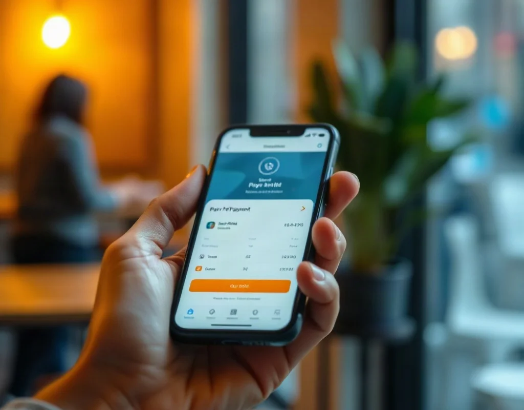 Hand holding smartphone making a payment on X555-like app