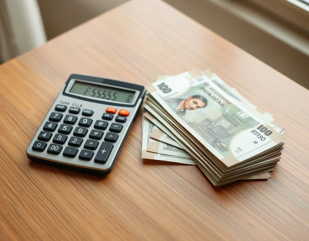 Calculator and Pakistani rupee notes representing deposit limits and charges