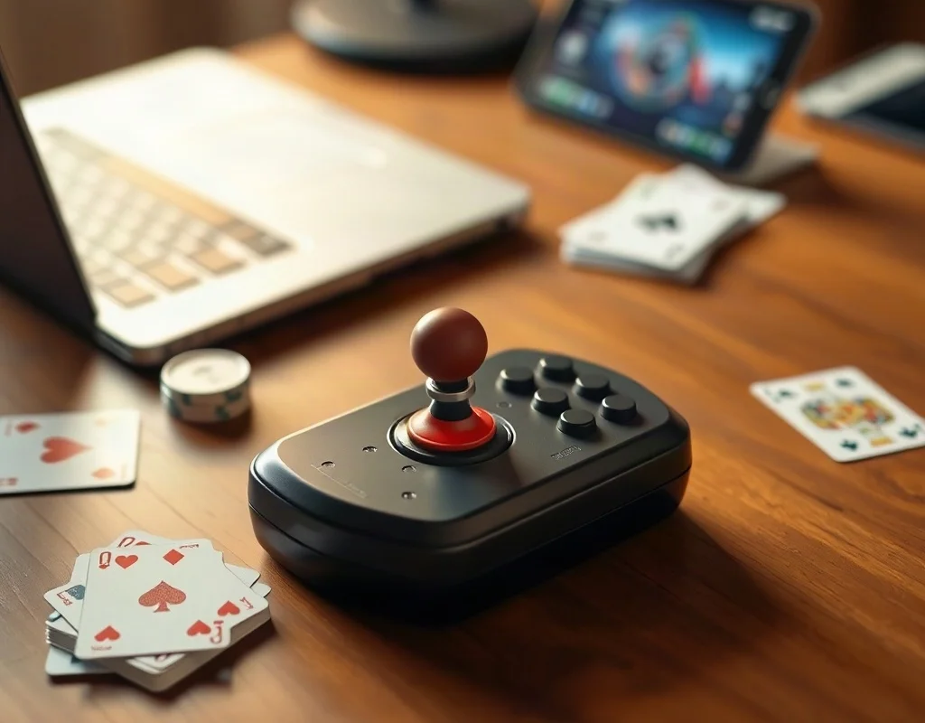 Gaming accessories like joystick and cards on a table near laptop