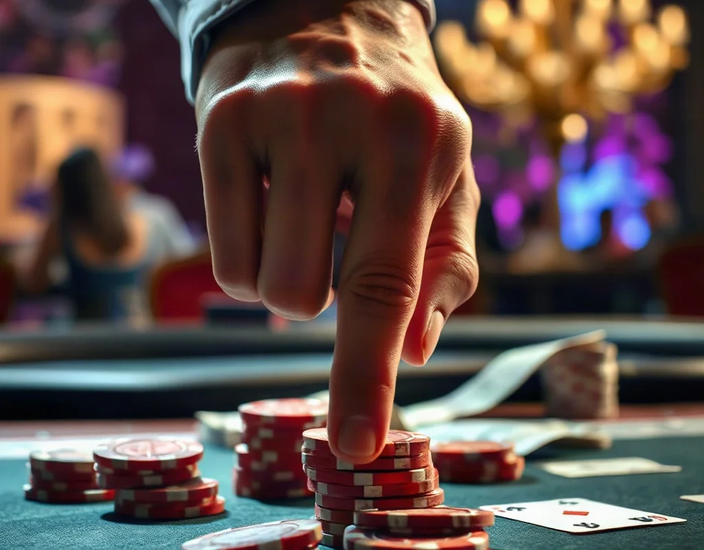 Hand placing a bet on a casino table with chips and cash