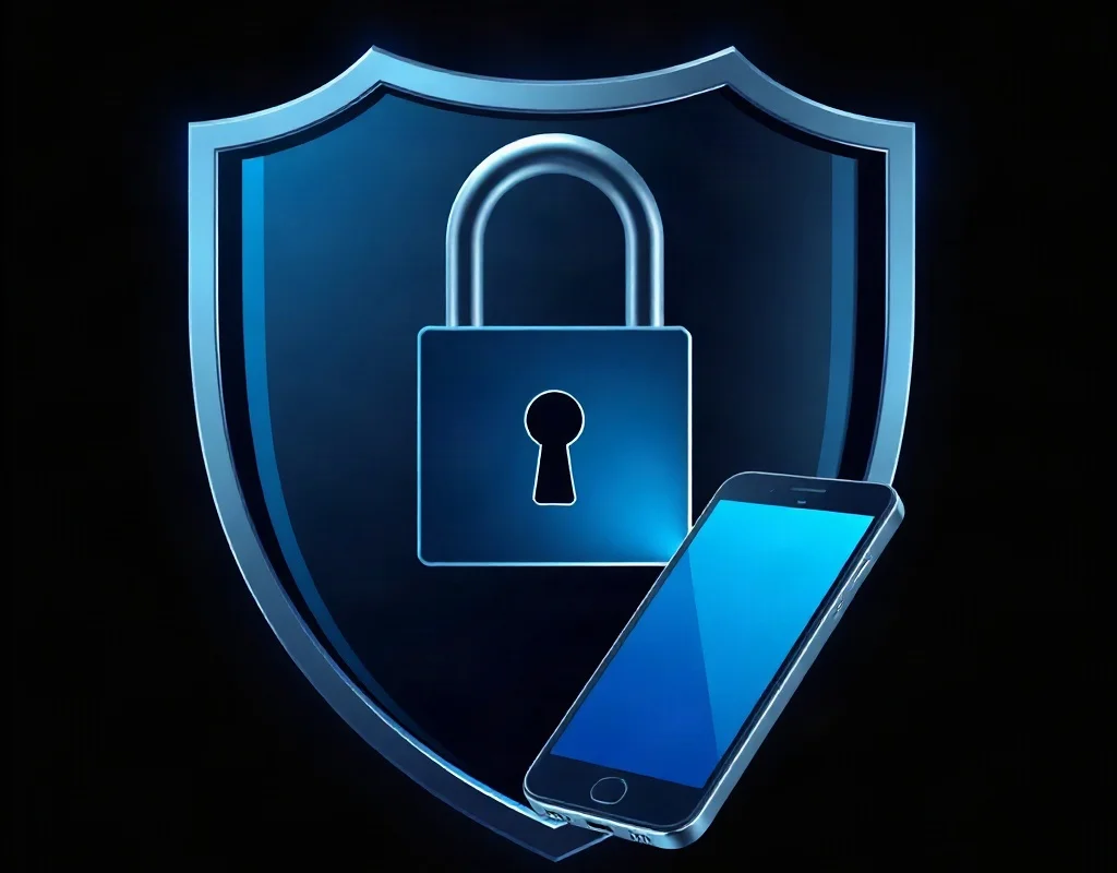 Shield and lock icon representing security near a smartphone