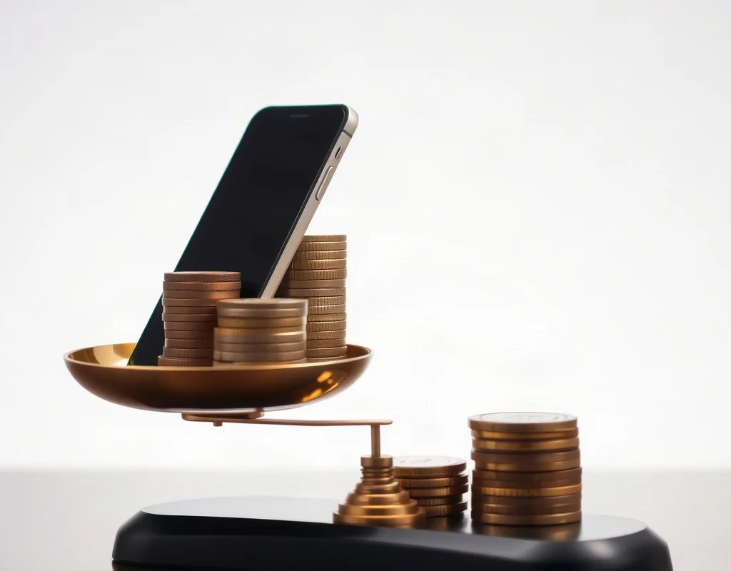 Balance scale weighing coins against a smartphone