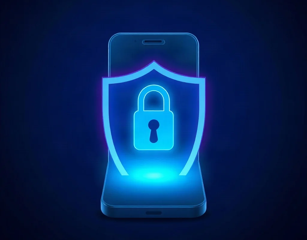 Digital shield protecting a smartphone with padlock symbol for X555 game security