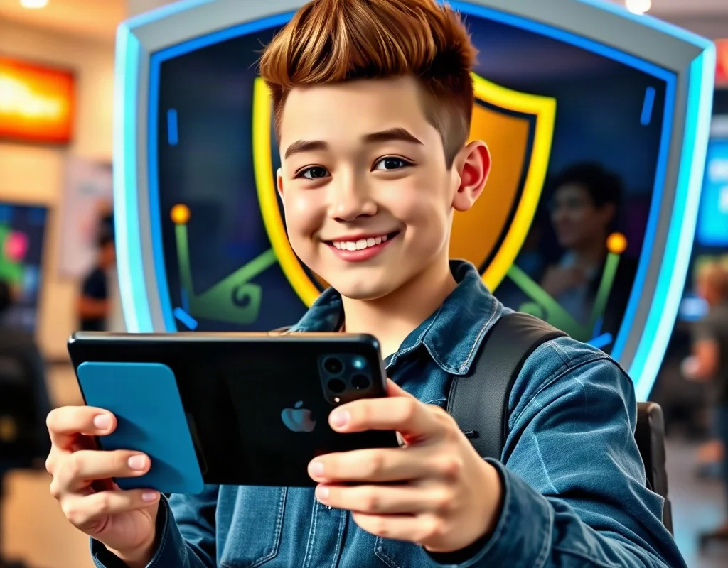 Confident gamer holding a smartphone with digital shield in background