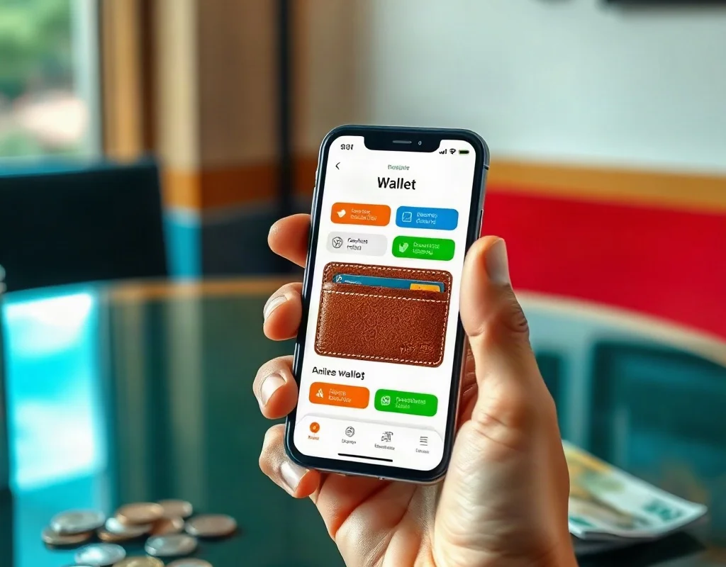 Hand holding smartphone showing digital wallet, coins on table
