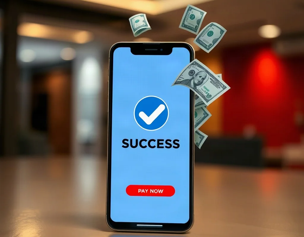 Smartphone showing payment success with cash illustration