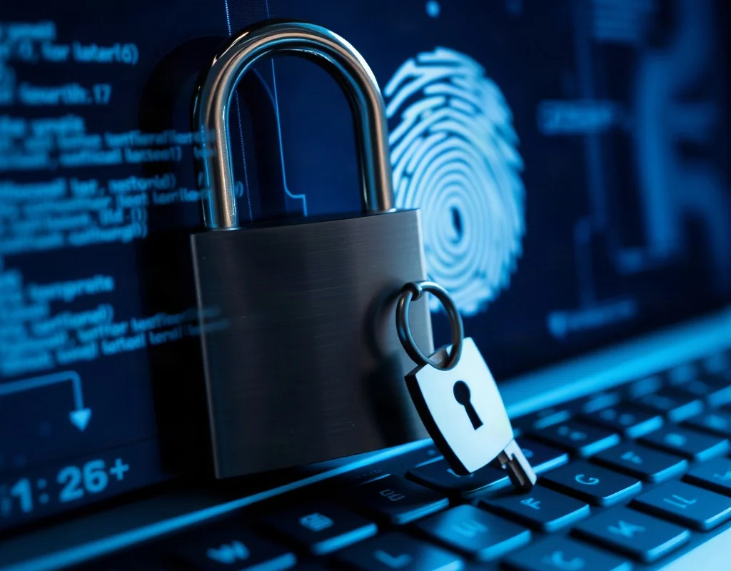 Cybersecurity concept with padlock and key
