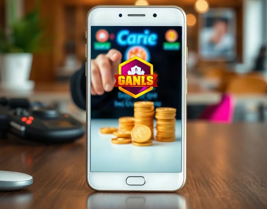 Mobile phone screen showing a gaming app with coins nearby