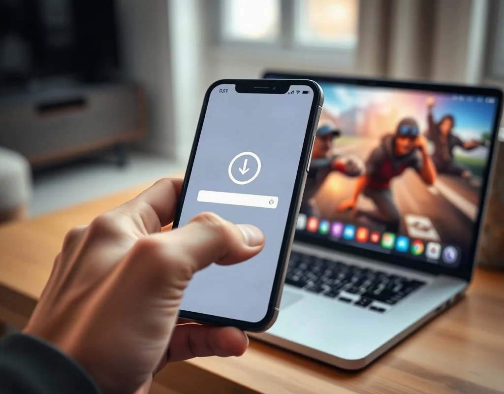 Hand downloading an app on a smartphone with laptop in background