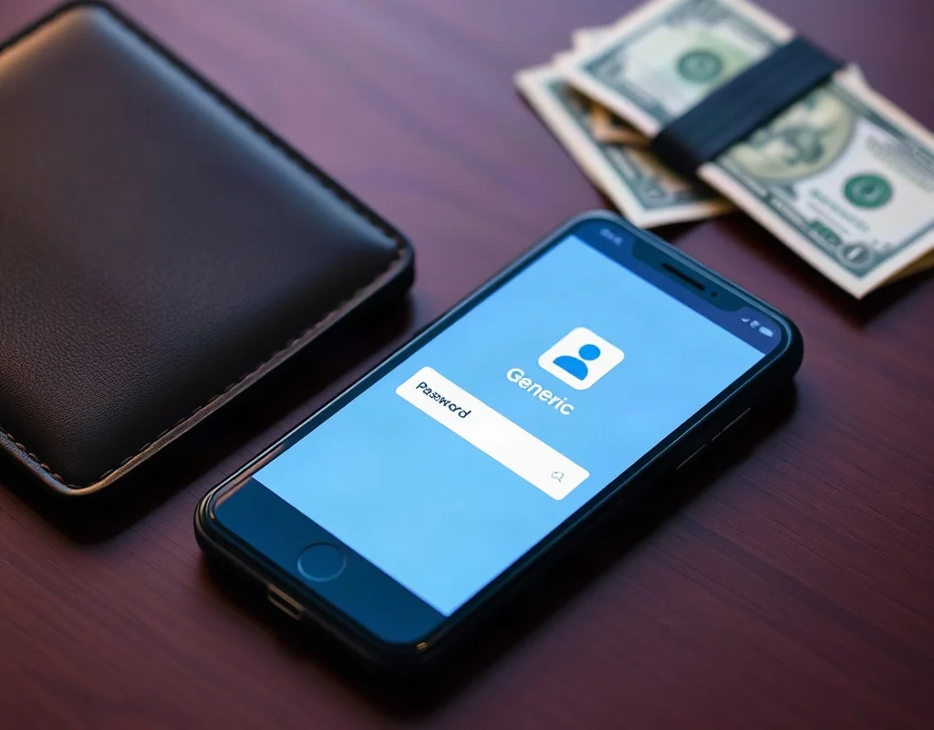 Smartphone with login screen next to wallet and cash