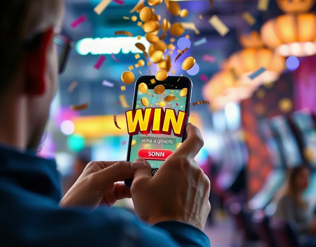 Person celebrating a win on a mobile game with coins flying