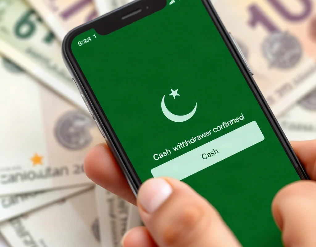 Smartphone showing a withdrawal confirmation with cash