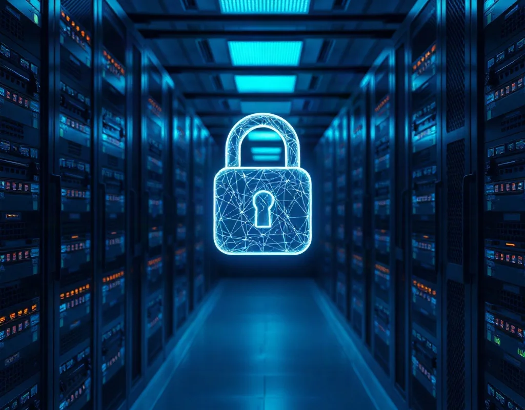 Secure server room with padlock icon representing data storage
