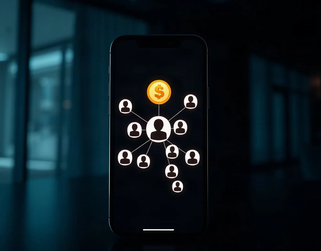 Illustration of a referral program with connected users and a gold coin on a smartphone