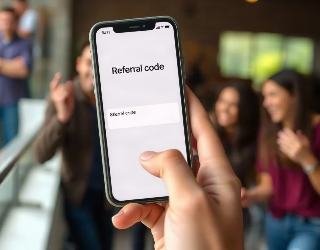 Person sharing a referral code on a smartphone
