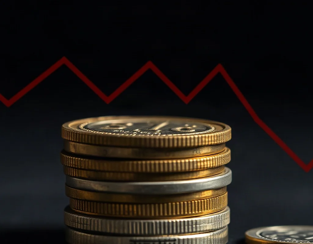 Graph showing declining earnings with Pakistani rupee coins