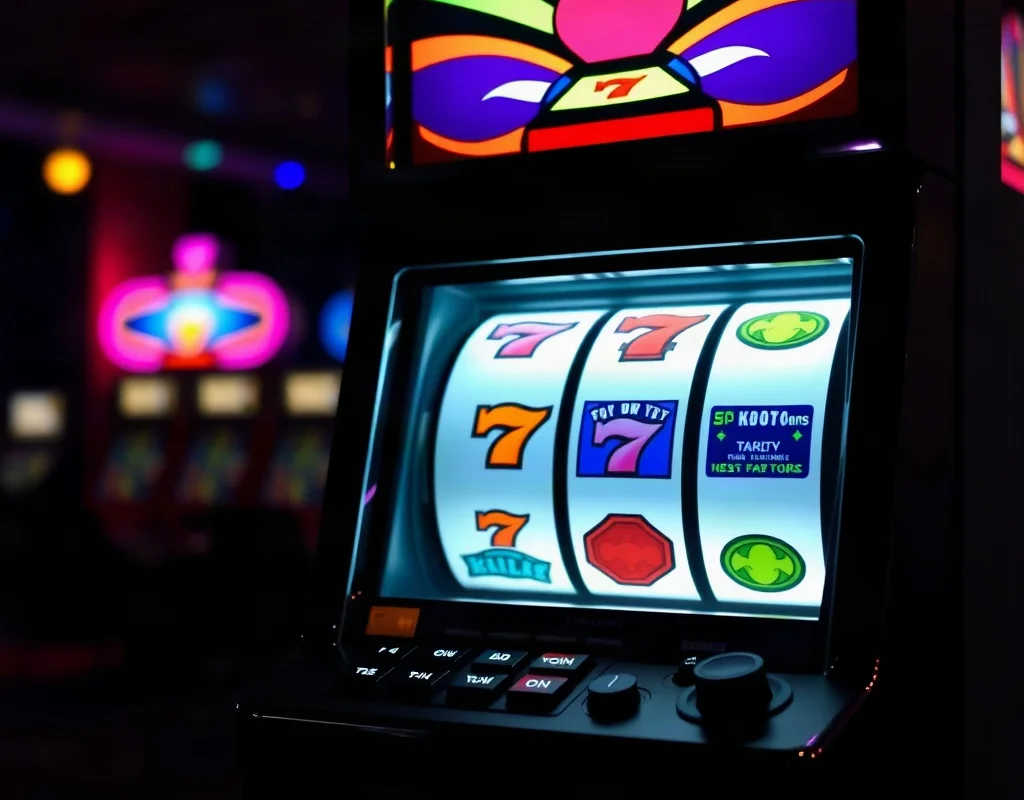 Vibrant slot machine with reels spinning and neon lights in a dark casino setting.
