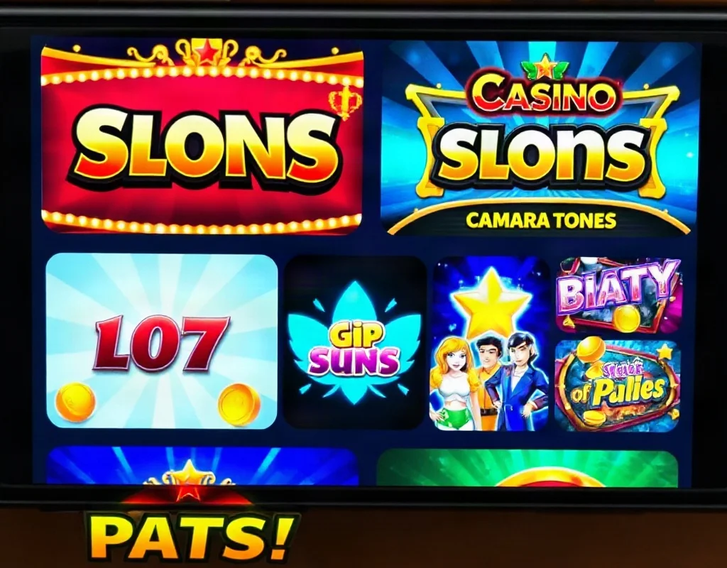 Smartphone displaying various colorful slot game icons.