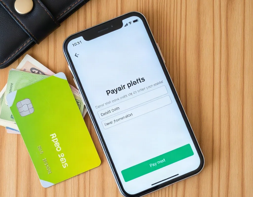 Wallet with cash and debit card beside a smartphone indicating a payment.