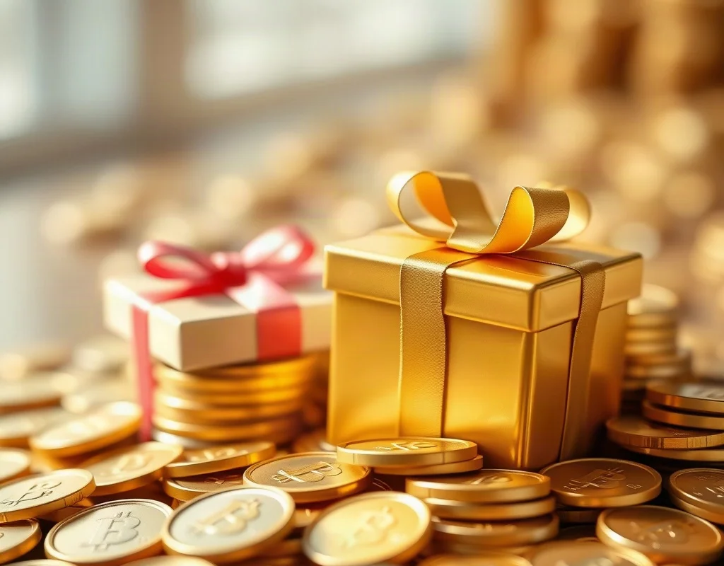 Gold coins and a wrapped gift box representing casino bonuses.