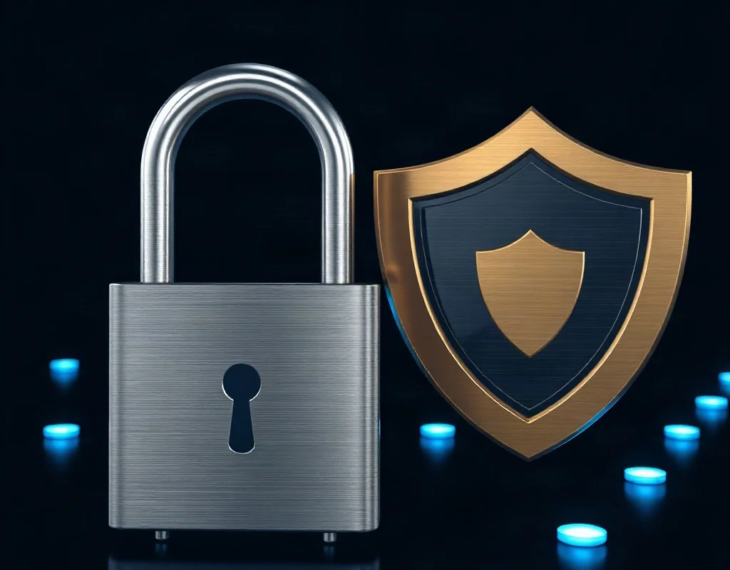 Metal padlock and shield symbolizing security and trust.