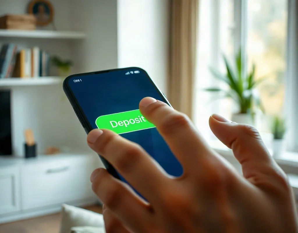 Hand making a first deposit on a mobile app to claim welcome bonus