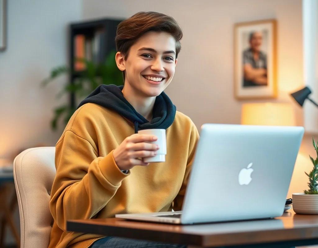 Smiling young man using laptop at home to claim online bonus